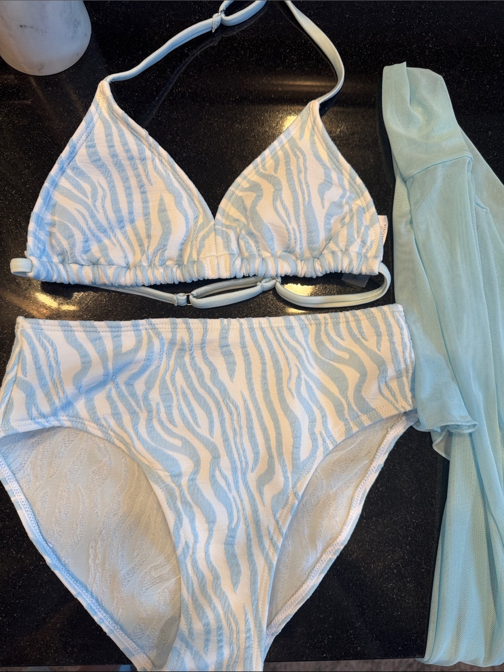 Girls' Light Blue Zebra-Print High-Waist Bikini Set